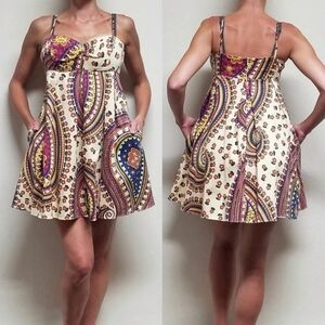 90s Vintage Betsey Johnson Retro Floral Paisley Print Pocket Mini Babydoll Dress